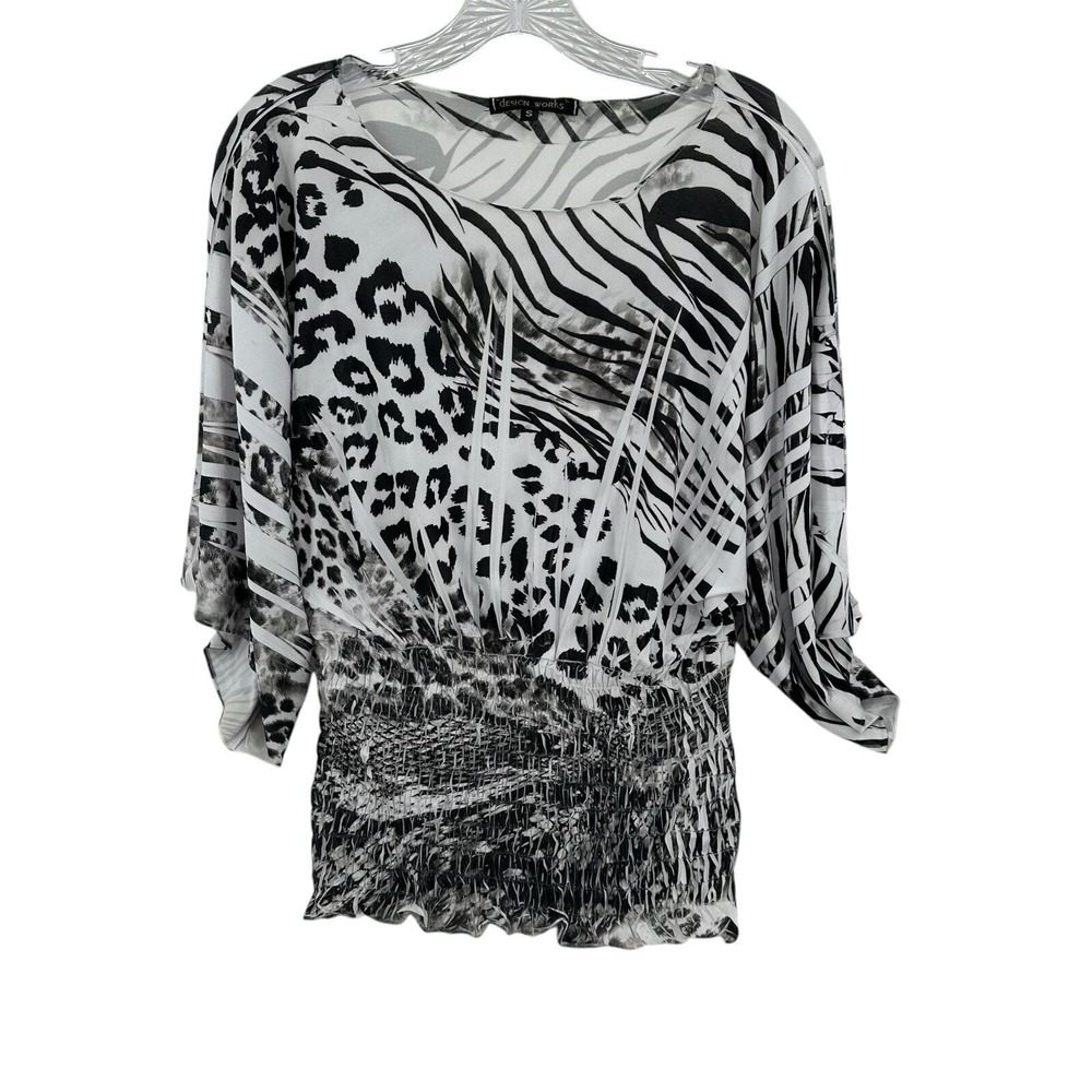 Design Works Multi Animal Print Smocked Blouse Top Shirt Mob Wife Women's Small